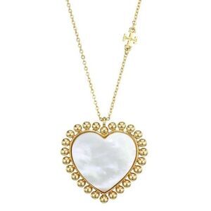 NWT Tory Burch Gold Logo Heart Mother of Pearl Necklace